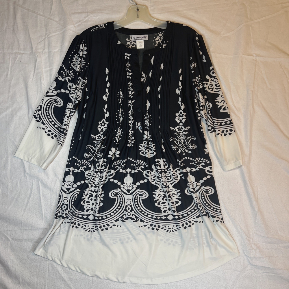 Serengeti Women's Tunic Top Black White Pullover Pintuck Blouse 3/4 Sleeves M